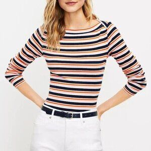 2/$30 New Loft Striped Ribbed Boatneck Long Sleeve Stretch Cotton Top L​arge